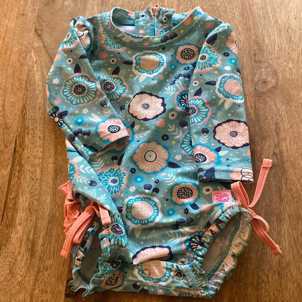 Seersucker blooming One piece ruffle butt, bathing suit size 3-6 mo